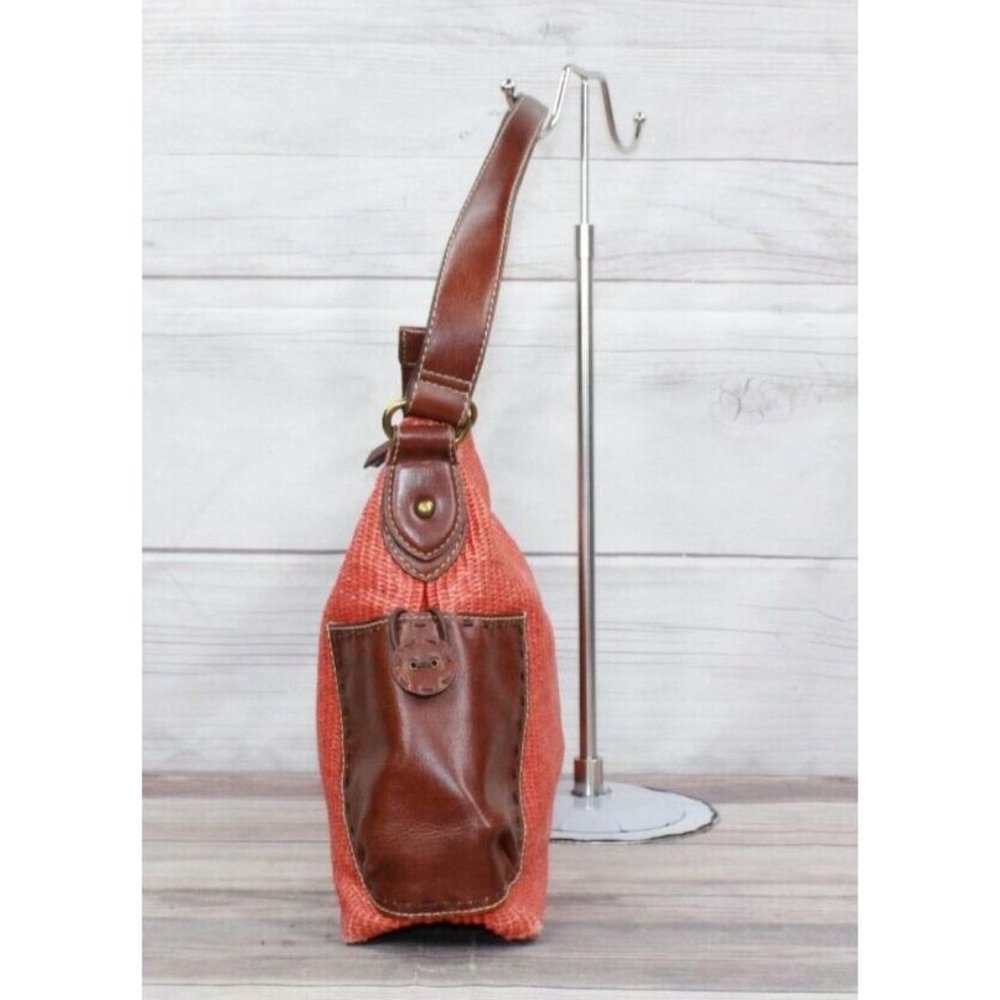 Fossil Brown Leather Strap Orange Woven Straw Lined Purse Shoulder Hobo Bag - Picture 3 of 9